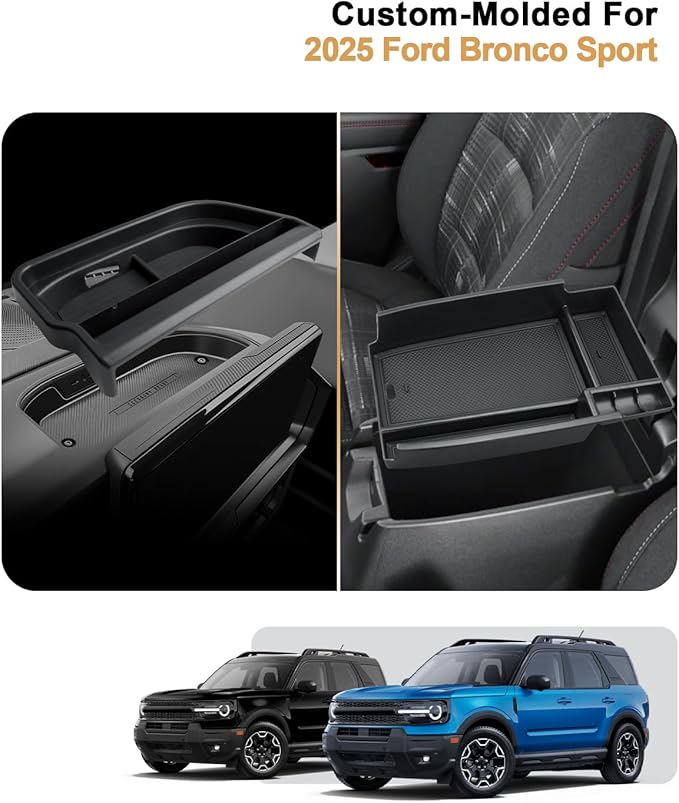 ECOZEN Center Console Organizer Set For 2025 Ford Bronco Sport - 2 Pcs Armrest Box Storage Tray + Behind Screen Organizer Tray For Bronco Sport 2025 Accessories - Premium ABS Durable(Not For 2026)