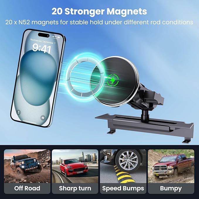 Kaishengyuan Magnetic Phone Mount with Wireless Charging for Ram Truck 2013-2018, Dash Mount Cell Phone Holder Compatible with RAM 1500/2500/3500 & 2019+ Classic 360° Rotation Smartphone Cradles