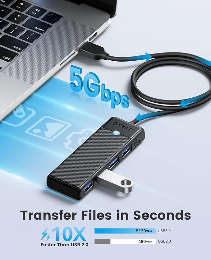 ORICO USB 3.0 Hub, 4-Port USB Hub with 6Ft Long Cable, Ultra Slim USB Splitter for Laptop MacBook Pro, iMac, Surface Pro, XPS, PS5，PC, Flash Drive, Mobile HDD