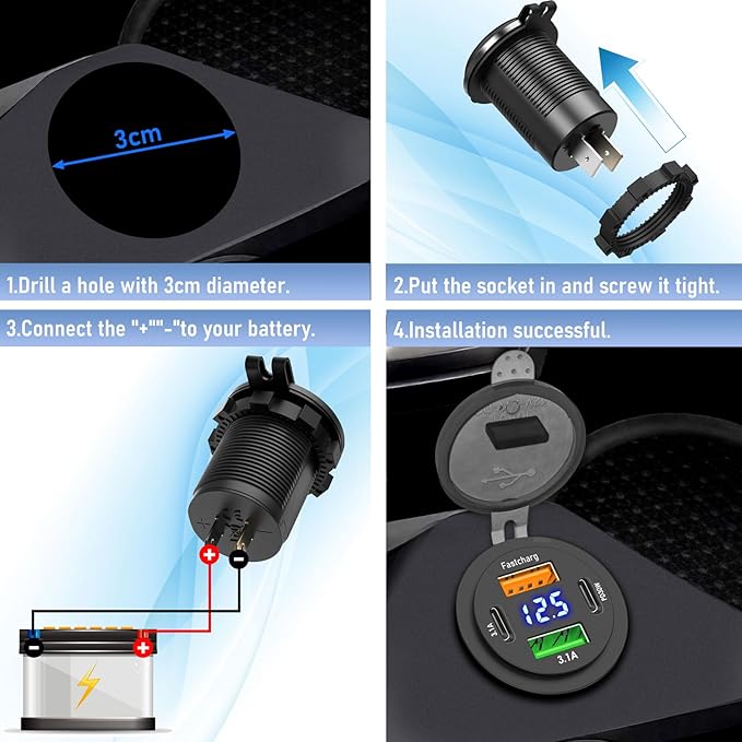 2 Pack 12V USB Outlet 4 Ports Dual USB C PD and Dual Quick Charge 3.0 Car USB Port 12 Volt Car Charger Socket with Voltmeter for Car Boat Marine RV Truck Motorcycle
