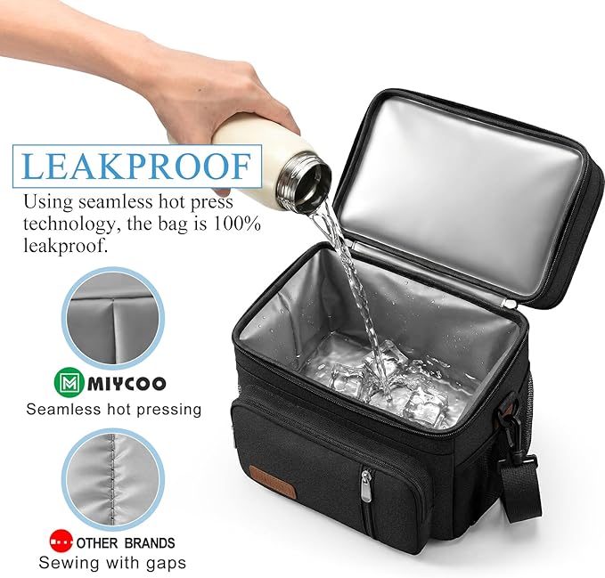 MIYCOO Lunch Bag & Lunch Box for Men Women, Double Deck Leakproof Insulated Soft Large Adult Camping Cooler bag for Work, Beach, Picnic, Travel (Black, 15L)
