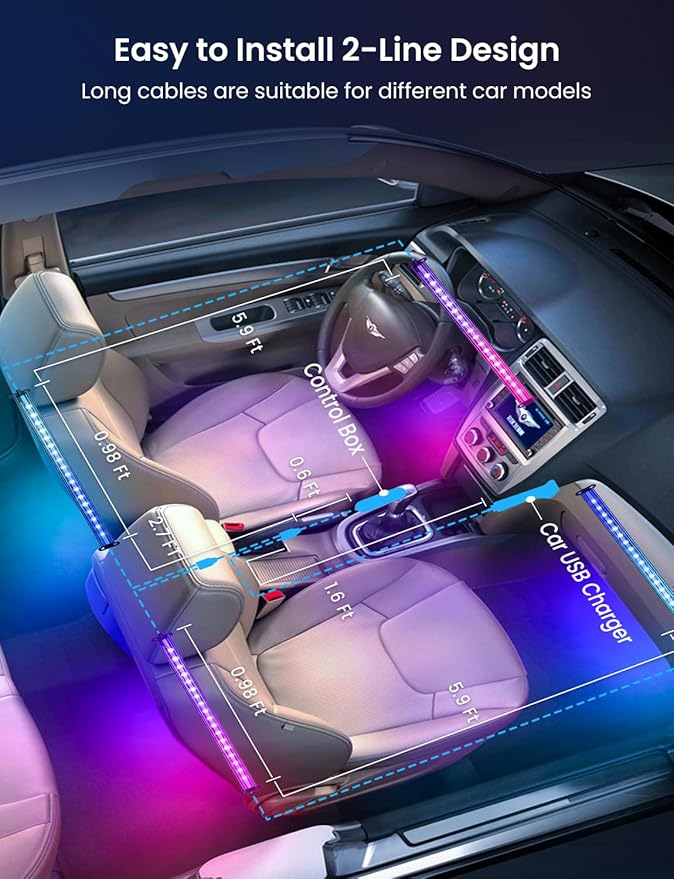 RGB+IC Car LED Lights, Smart 72 LED Car Interior Lights with App Control, 16 Million Colors Under Dash Light with Music Mode, Scene Mode, 2 Lines Design Light for Cars SUVs Trucks with Car Charger