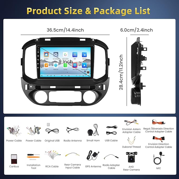 [Qualcomm 8Core] 4+64G Car Radio for Chevy Colorado/GMC Canyon 2015-2018 Base Mode (Low-end), Android 15 9-inch Touch Screen CarPlay Android Auto/6GHz WiFi/Bluetooth 5.0/1280 * 720P/DSP/EQ/FM/RDS/GPS