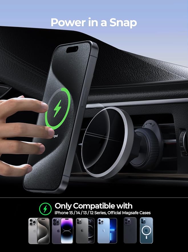 Wireless Car Charger, Qi2 Certified 15W Ultra-Fast car Phone Holder Mount, Air Vent Magnetic Car Mount Charger Compatible with MagSafe for iPhone 17/Air/16/15/14/13/12 Series