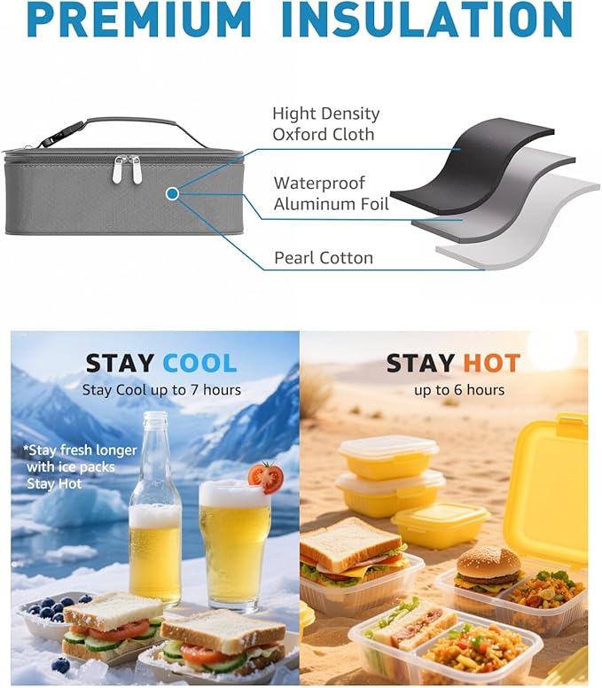 Small Lunch Box Insulated Lunch Bag for Women Men, Bento Kids Lunch Box, Compact Portable Thermal Meal Cooler Bags with Buckle Handle for Work & School, Gray 5L