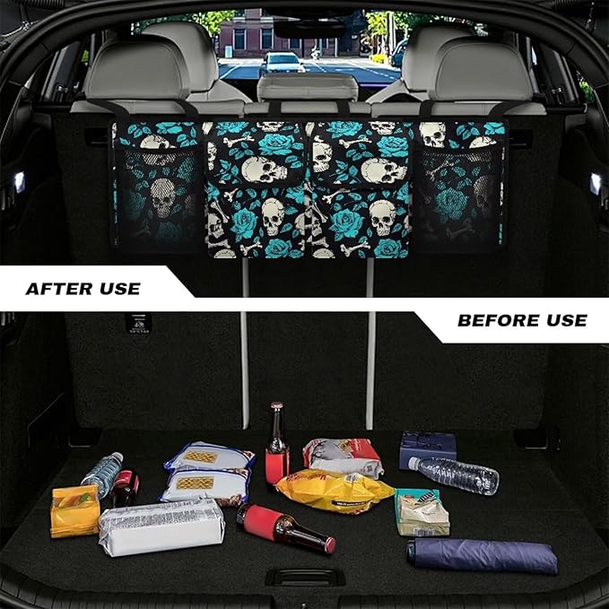 Skull Rose Pattern Car Trunk Organizer and Storage, Backseat Hanging Organizer for SUV, Truck, Collapsible Cargo Storage Bag with 4 Pockets, Car Interior Accessories