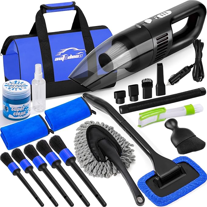 AUTODECO Car Cleaning Kit, Car Vacuum Interior Detailing Cleaner Kit with High Power Handheld Vacuum, Brush Set, Windshield Tool, Duster, Towels, Complete Car Care Tools for Women (Blue)