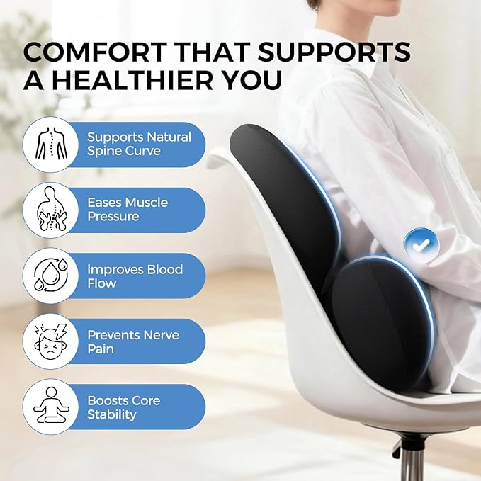 BEBAS Lumbar Support Pillow for Car, Ergonomic Memory Foam Back Cushion for Driving, Lower Back Support for Pain Relief, Lumbar Cushion for Car Seats, Office Chairs, Wheelchairs - Black