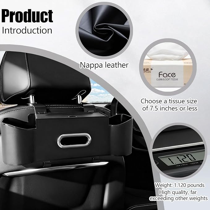 Car Backseat Organizer for Kids & Travelers - 4 in 1 Multifunctional Car Seat Back Storage with Cup Holder, Tissue Box, Snack/Handbag Holder - Nappa Leather Universal Fit for SUV/Van/Sedan (Black)