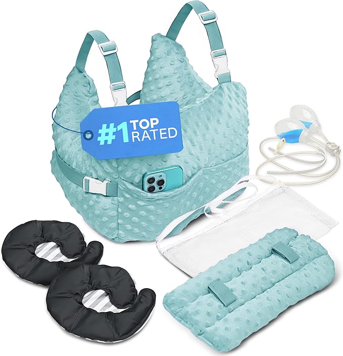 Zomaple Mastectomy Recovery Pillow with Strap, Swirly Gel Pack, Seat Belt Cover & Shower Lan – Post Mastectomy Must Haves, Breast Augmentation/Reduction & Mastectomy Recovery Supplies – Washable Cover