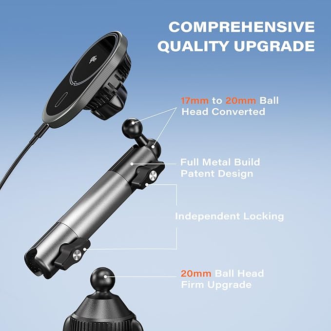 A2C for Magsafe Car Mount Charger, QI2 15W Wireless Fast Charging Cup Holder Phone Charger - Dual Cooling System, Aluminum Alloy Tri-Pivot Arm, 18 N54 Strong Magnets for iPhone 17/16/15/14/13/12 Only