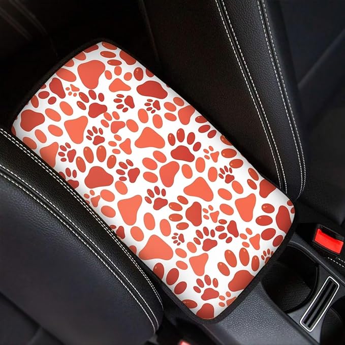 UNICEU Orange Dog Paw Car Center Console Cover Universal Fit Comfort Car Center Console Protector Universal Fit Arm Rest Cover Seat Storage Lid Covers for Women Men