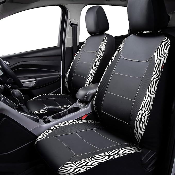 Flying Banner car seat Covers Protects Zebra Printing Velvet Faux Leather Carbon Fiber Front and Rear Bench Full Set (Zebra Black, Full Set - 8PCS)