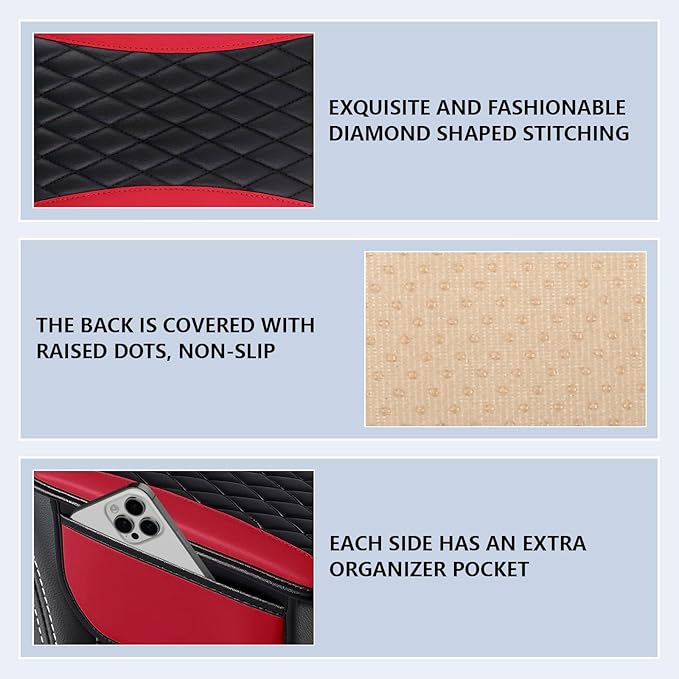 Leather Car Center Console Cover,Upgraded Center Console Cushion Pad with Side Pockets,Patchwork Arm Rest Cover for Car,Waterproof Armrest Seat Box Covers,Universal for Most Vehicles (Red)