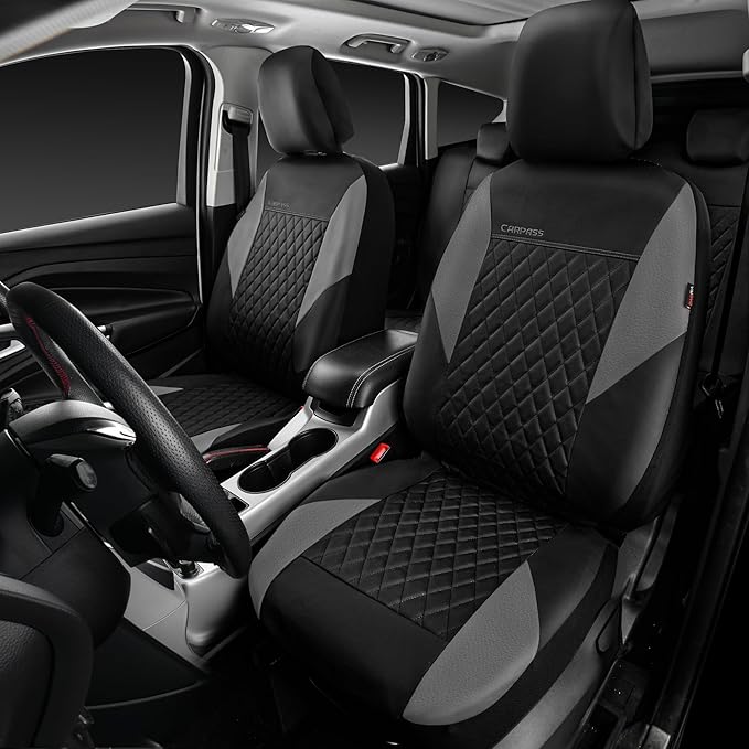CAR PASS Quilting Leather Seat Covers Full Set,Universal Waterproof Deluxe PU Premium Car Seat Cover with 5mm Composite Sponge Inside,Airbag Compatible,Front and Rear Seat Cover for Sedan SUV Van,Gray