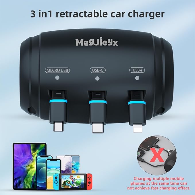 MAGJIEYX Multi Retractable Car Charger Station, Headrest 3 in 1 Charging Box Share Ride Dock for Backseat with Fast 38W Charger Adapter for All Phones|iPhone17/16/15/14|Samsung|iPad|Android