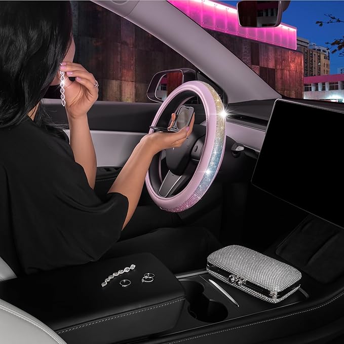 Carbella Pink Diamond Bling Steering Wheel Cover,Standard 15 Inch Size Fits Most Vehicles, Cute Faux Leather Car Steering Cover with Rhinestone Crystal, Car Accessories for Women