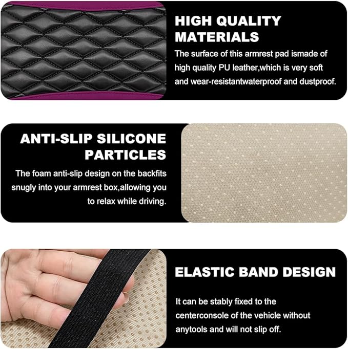 Car Center Console Cushion Pad, 12.6 × 7.48 Inches Waterproof Car Armrest Seat Box Cover, PU Leather Armrest Cover Protector for Most Vehicle, Universal Car Interior Accessories (Purple)