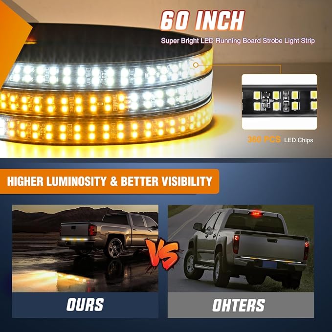 Nilight 60 Inch Truck Tailgate Strobe Light Strip Tail Emergency Bar Rear Window Warning Lamp Ultra-Bright Double Row 360 LED for Pickup Trailers Construction Vehicles Car SUV, Amber White