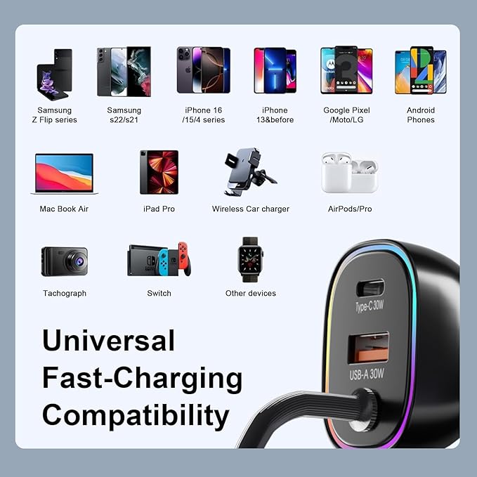 90W Car Charger, USB C Cigarette Lighter Adapter with 4FT Coiled Cable, PD 30W & QC3.0 Fast Charging, Compatible with iPhone 16/15 Series, Samsung Galaxy S24/S23/S22, iPad, Android Phones (Black)