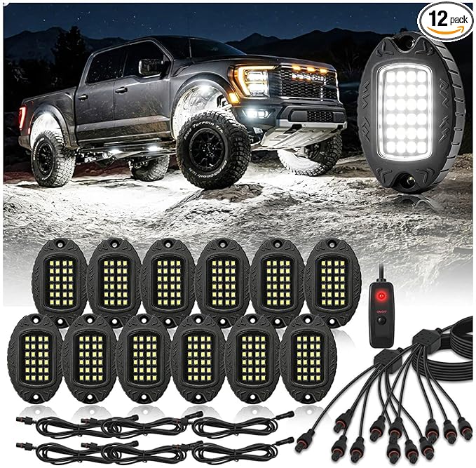 12 Pods Pure White LED Rock Lights, IP68 Waterproof Aluminum 6500K Bright White Underglow Light with Extension Cord Harness,12V Metal Fender Lights for Jeeps Trucks Off Road UTV ATV Car Golf RV Etc