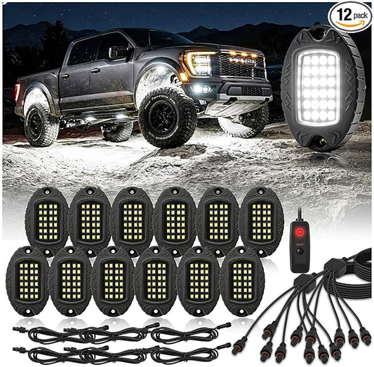 12 Pods Pure White LED Rock Lights, IP68 Waterproof Aluminum 6500K Bright White Underglow Light with Extension Cord Harness,12V Metal Fender Lights for Jeeps Trucks Off Road UTV ATV Car Golf RV Etc