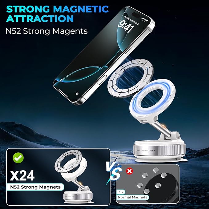 Vacuum Magnetic Phone Holder, Vacuum Magnetic Car Phone Mount, Vacuum Suction Phone Holder for Car/Gym/Kitchen/Mirror/Smooth Surface, Compatible with Magsafe iPhone and All Smartphones