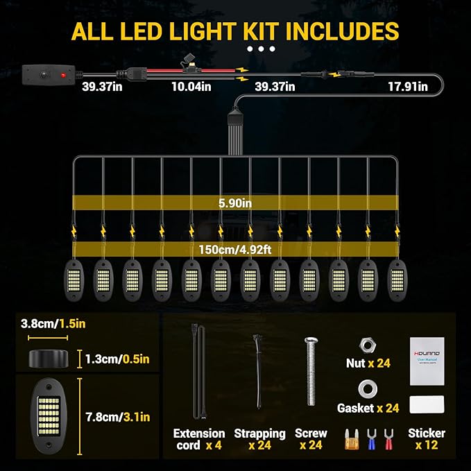 Hovano 12 Pods White Rock Light Kit with Wired Switch - 6500K Pure White LED Underglow, IP68 Waterproof, Super Bright 36 LEDs for Trailer Off Road SUV UTV ATV RZR Car