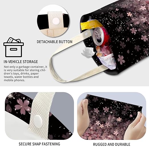Cute Car Trash Can, Hanging Canvas Car Back Seat Organizer and Storage Bag, Funny Car Trash Bag For Travelling, Outdoor Cute Pink Sakura Blossom