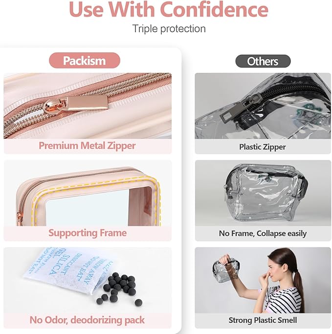 PACKISM Clear Makeup Bag - TSA Approved Toiletry Bag for Carry-on & Checked Luggage, Water Resistant Car Storage Organizer with Reinforced Seams