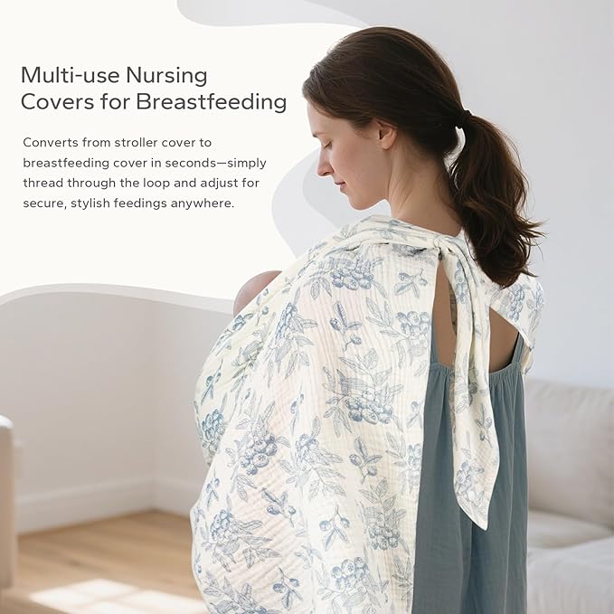 SERAPHY 2-in-1 Muslin Baby Car Seat Cover & Nursing Cover, Soft Lightweight Breastfeeding Cover for Boys and Girls,Breathable Canopy for Infant Carseat & Stroller for Summer—Blueberrie