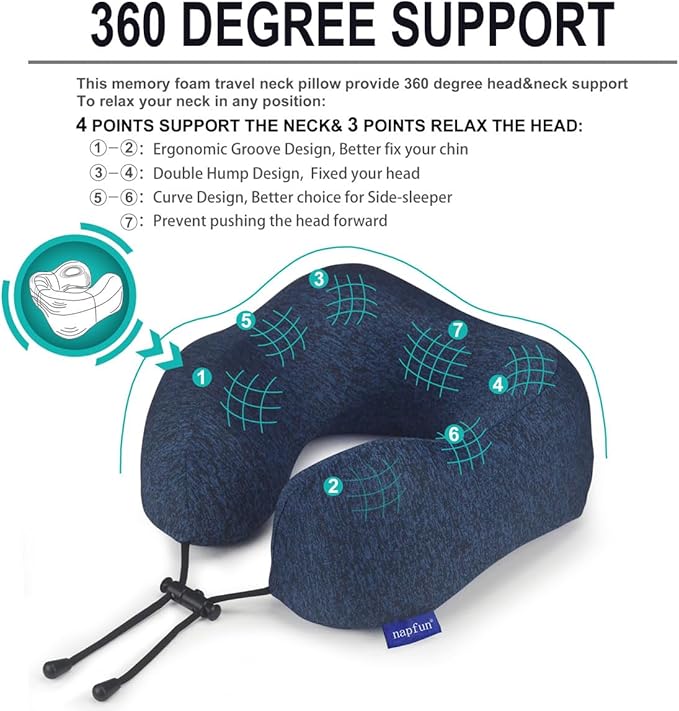 napfun Neck Pillow for Traveling, Upgraded Travel Neck Pillow for Airplane 100% Pure Memory Foam Travel Pillow for Flight Headrest Sleep, Portable Plane Accessories, Blue