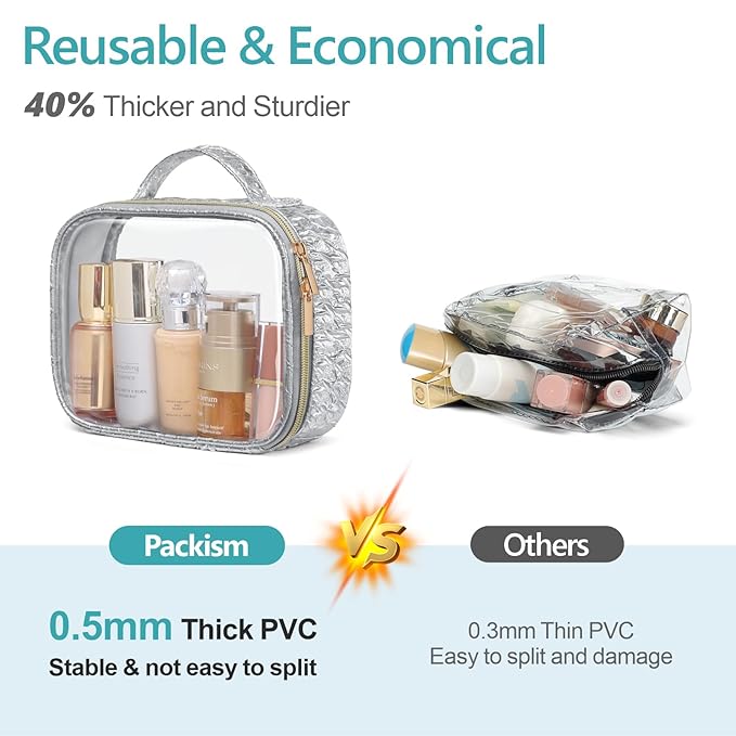 PACKISM TSA Approved Toiletry Bag - 3 Pack Ruched Textured Clear Makeup Bag, Metallic Silver, with 180° Large Opening and Supporting Frame, Perfect for Travel Essentials, Thick No Smell