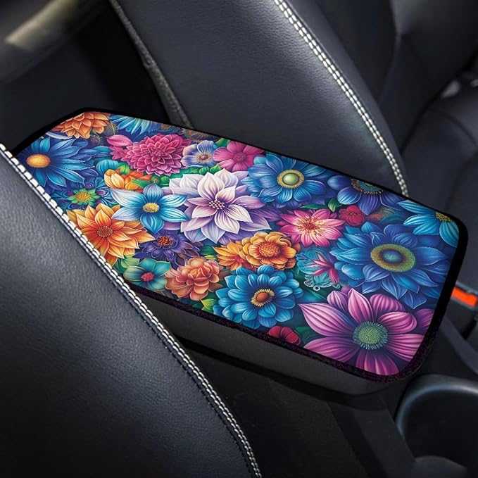 Boho Mandala Flower Car Center Console Armrest Cover Boho Car Accessories Dust-Proof Auto Armrest Box Cover Center Console Pad for Truck Sedan SUV, Easy to Install