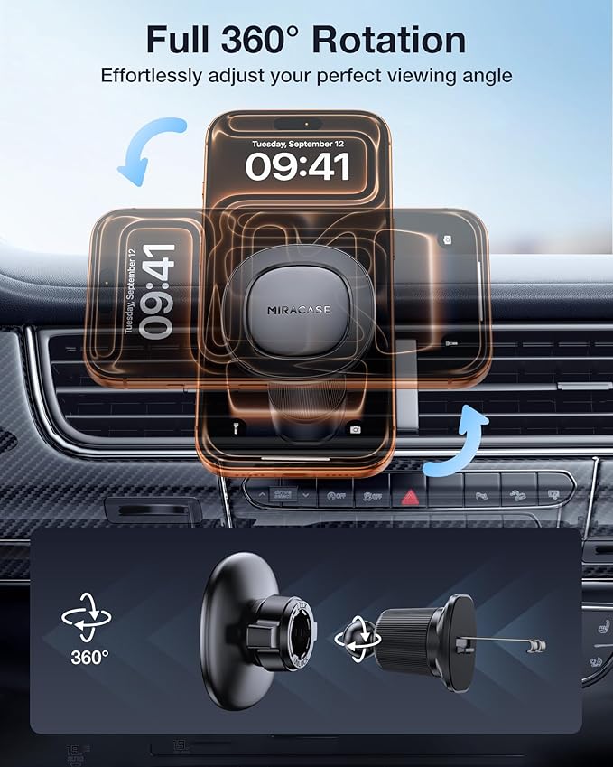 Miracase for MagSafe Car Mount with Metal Hook Clip, Magnetic Phone Holders for Car Phone Holder, Compatible with Garmin GPS Antenna Fit iPhone Android and All Smartphones, Dark Black
