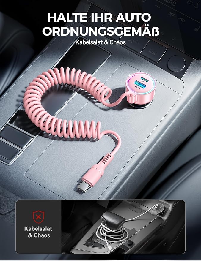 USB C 90W Car Charger for iPhone 17/16 Pro Max, PD & QC3.0 w/5 ft 45W Type C Coiled Cable, Fast Car Phone Charger Adapter for iPhone 17Air/15 Pro, Samsung Galaxy S25/S24/S23, Pixel 10/LG/Android, iPad