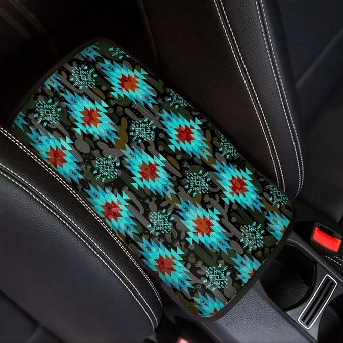 Coldinair Native Aztec Car Armrest Cover,Car Center Console Pad,Soft Seat Box Cover Protector Cushion,Car Accessories Decor for Most Cars,Sedan,Truck,SUV,Aqua
