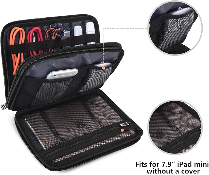 BUBM Double Layer Electronic Accessories Organizer, Travel Gear Bag for Cables, USB Flash Drive, Plug and More, Perfect Size Fits for iPad Mini (Medium, Dark Blue)