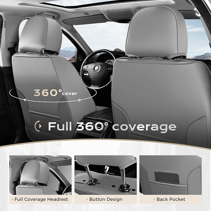 Coverado Car Seat Cover, Cover for Cars Front Seat, Premium Leather, Universal Fit Waterproof Seat Protectors, Car Seat Cushion Non-Slip for Most Cars-Gray