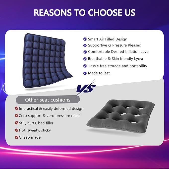 SUNFICON Air Seat Cushion Inflatable Seat Cushion Portable Car Seat Office Chair Wheelchair Pad Anti Bedsore Orthopedics Pain Pressure Relief Cushion Camping Seat Mat w Pump 18 ''x 16'' x1'' Blue