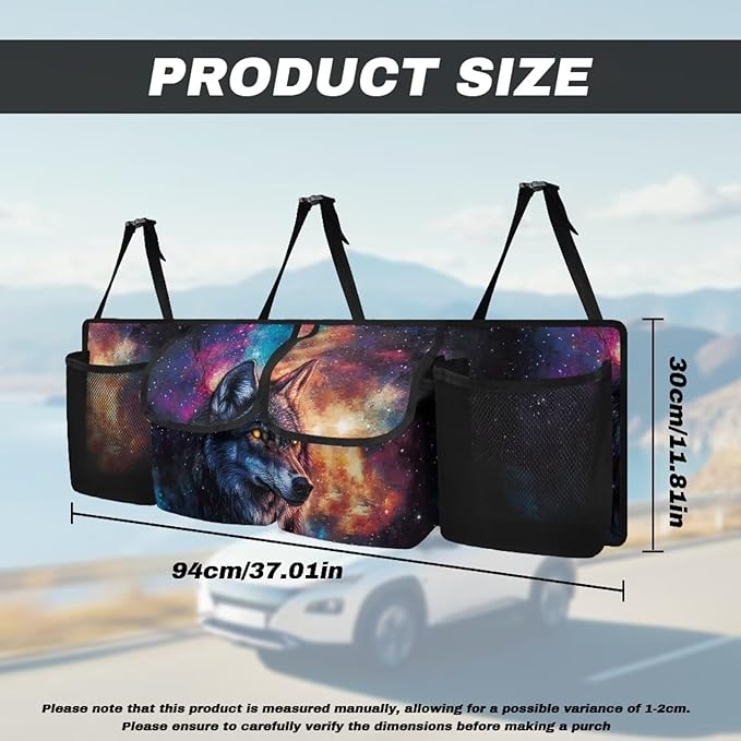 Wolf Galaxy Car Trunk Organizer with 4 Pockets Hanging Car Backseat Storage Bag Multipurpose Adjustable Car Interior Accessories for SUV Pickup Truck Van