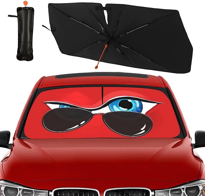 Funny Eye Print Car Sunshade Umbrella Retractable Sun Shade for Car Windshield Umbrella Heat Insulation Protection UV Block Front Window Covers for Auto Sedan SUV Pickup Windshield Sunshades