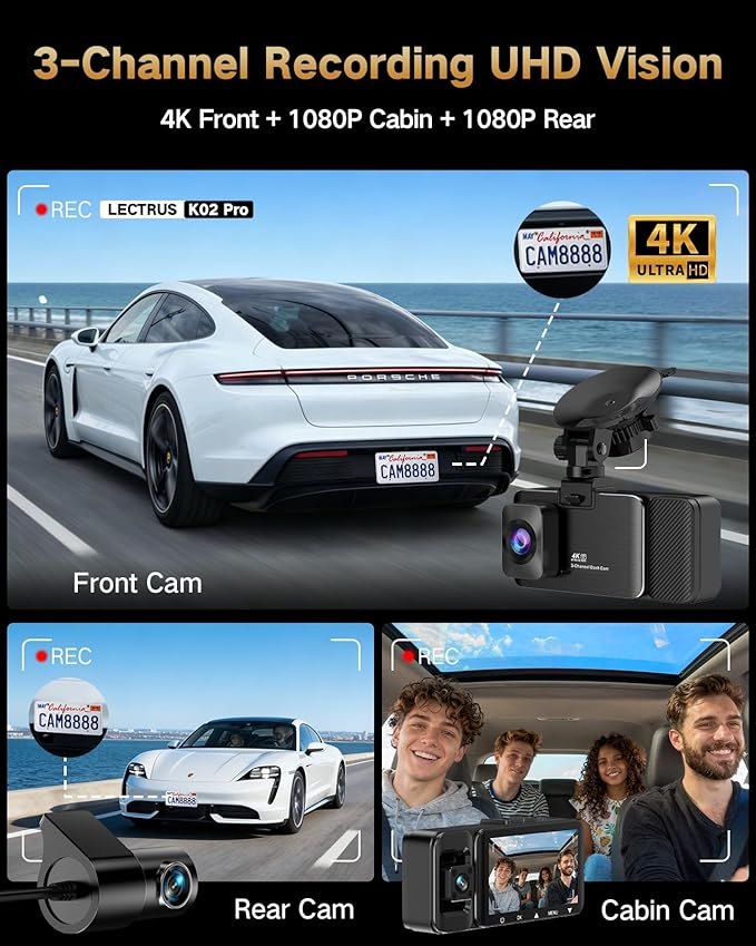 4K Dash Cam Front and Rear Inside, 3-Channel Cars Camera Dash with 170° Wide Angle, Free 64GB SD Card, 5.8GHz WiFi, Night Vision, G-Sensor, Loop Recording, Parking Monitor, USB C, Max 256GB