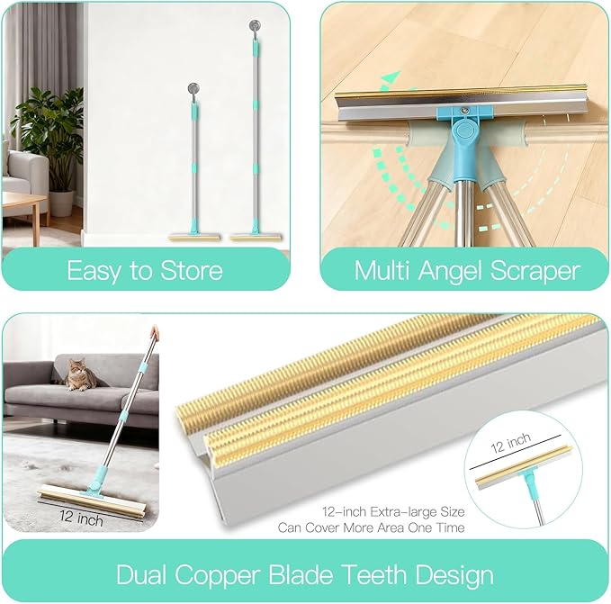 Carpet Rake for Pet Hair Removal：Upgraded 3 in 1 Reusable Carpet Scraper Pet Tool Kit, Adjustable Handle for Deep Clean Dog & Cat Hair Remover, Lint Remover Scraper for Carpets, Mats, Rugs, Car&Couch