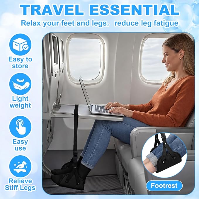 BreezeHug 4 Pcs Travel Comfort Kit with Memory Foam Travel Pillow Airplane Footrest Hammock 3D Contoured Eye Mask Compression Socks Neck Pillow for Car Flight Sleeping Support (Black)