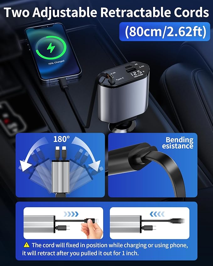 Retractable Car Charger, 4 in 1 Fast Charging Car Charger USB-C & USB-A Compatible with iPhone 16/15/14/13/12/11/X,Galaxy,Pixel