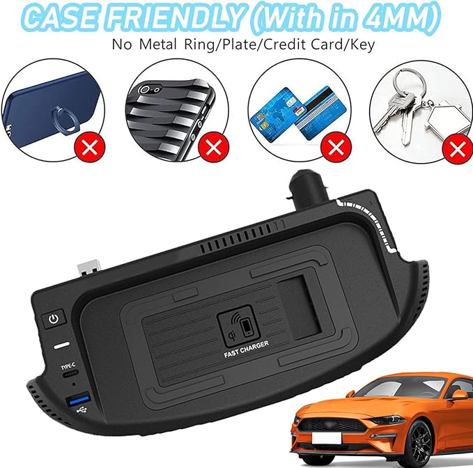 CenNa Wireless Car Charger for Ford Mustang (2015-2023) All Models Accessory with 15w Wireless and USB Qc3.0+Type-C Fast Charging Gift for Family