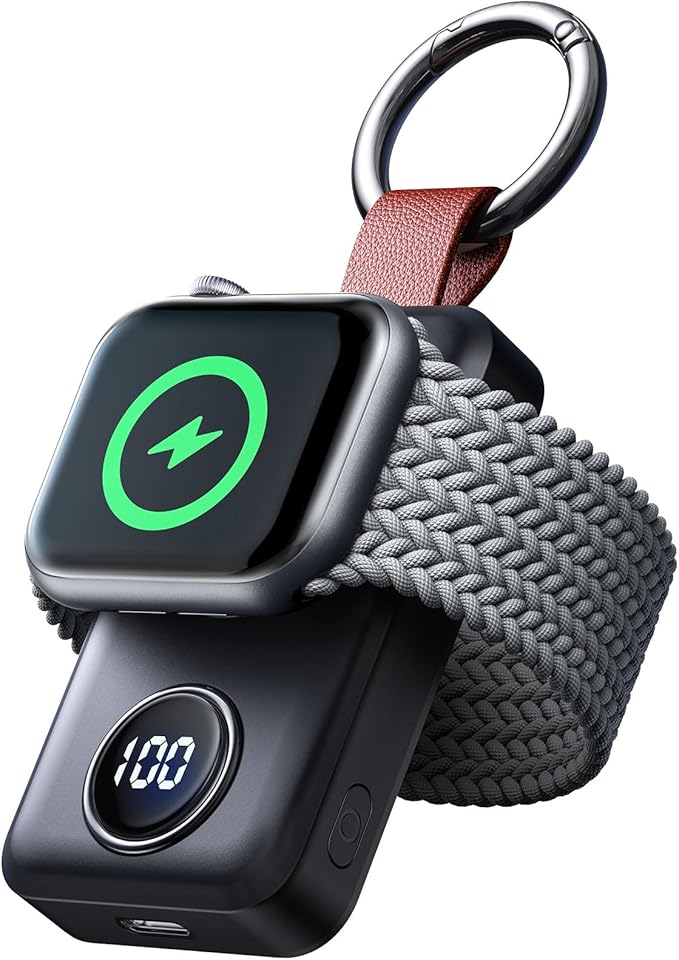 JOYROOM Portable 2000mAh Wireless Charger Compatible for Apple Watch Series 11/10/9/8/7/6/5/4/3/2/1/SE/UItra 3/UItra 2/Ultra, Compact Magnetic iWatch Charger Keychain Style Travel Essentials (Black)
