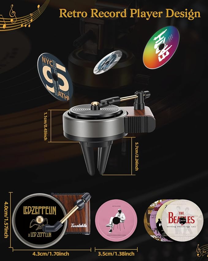 Record Player Car Air Freshener Vent Clip with 15pcs Refill Pads, Retro Black Ice Aromatherapy Diffuser for Singer Merch Gift, Air Freshener Car Decor Accessories, Music Lovers Gifts
