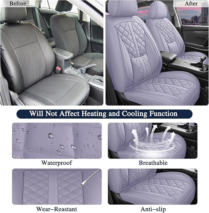 otoez Car Seat Covers Full Set, Universal Leather Seat Cover 5 Seat Waterproof & Breathable Automotive Seat Protector Full Coverage for Cars Sedens, Trucks, SUVs, Vans (Light Purple)